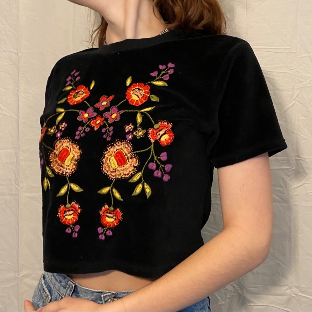 UO velvet floral Embroidery crop top